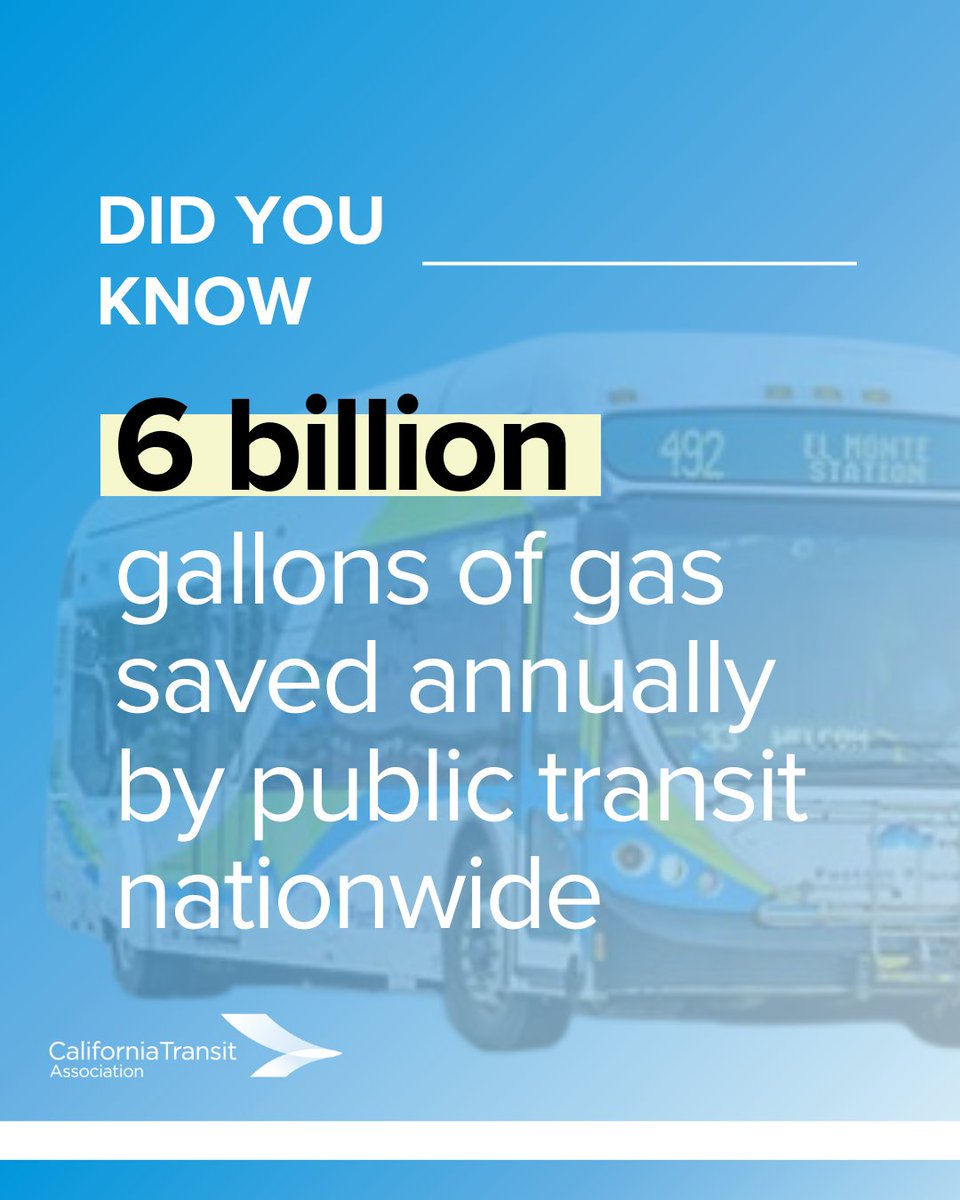 CalTransit's tweet image. Public transit is more than a ride. It saves 6 billion gallons of gas nationwide every year, helping our planet and our communities.

#transitmonth #connectingus #publictransit