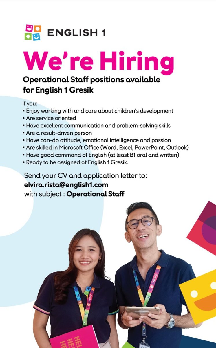 Selamat pagi, Jumat! 
Moots, ini ada info loker untuk operational staff di bidang pendidikan. Lokasi Gresik ya. FG can apply. Semoga jodoh! Masih perlu 2 kandidat lagi.
