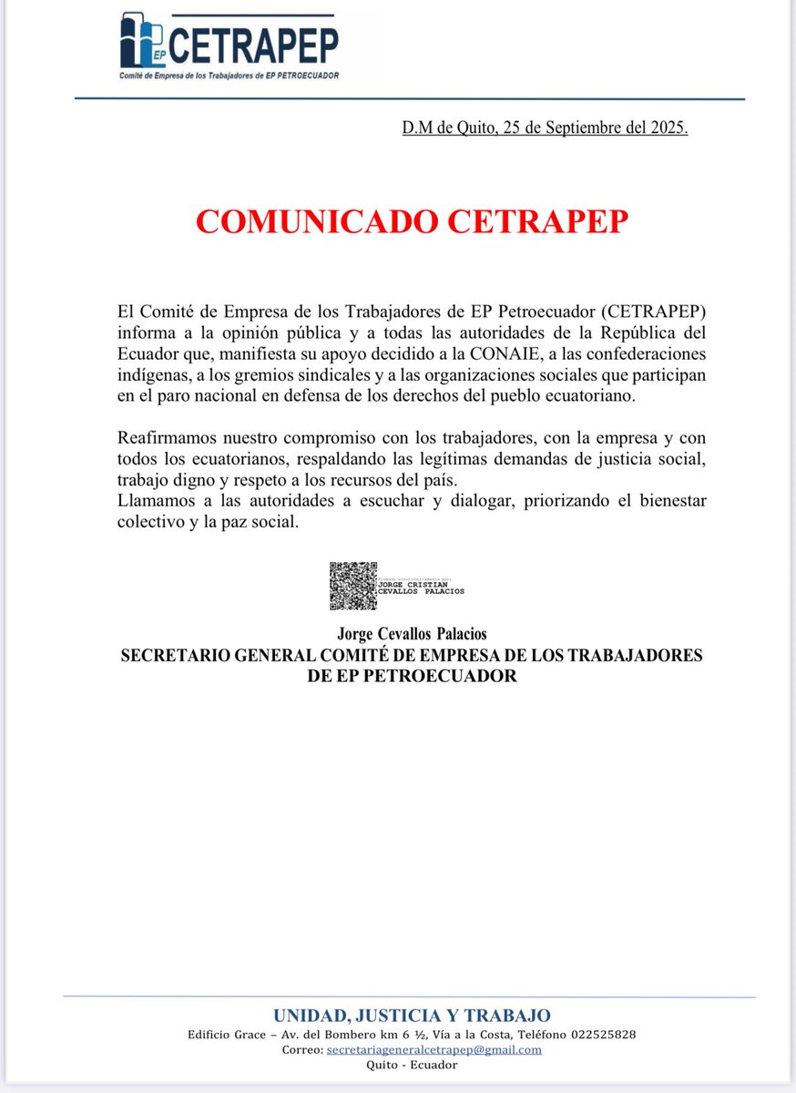#Urgente

Jorge Cevallos, Secretario del Comité de Empresa de Trabajadores de <a href="/EPPetroecuador/">EP Petroecuador 🇪🇨</a>, comunica que su gremio respalda y pliega al #ParoNacional2025.

Parece ser que la clase obrera le perdió el miedo al presidente <a href="/DanielNoboaOk/">Daniel Noboa Azin</a>!