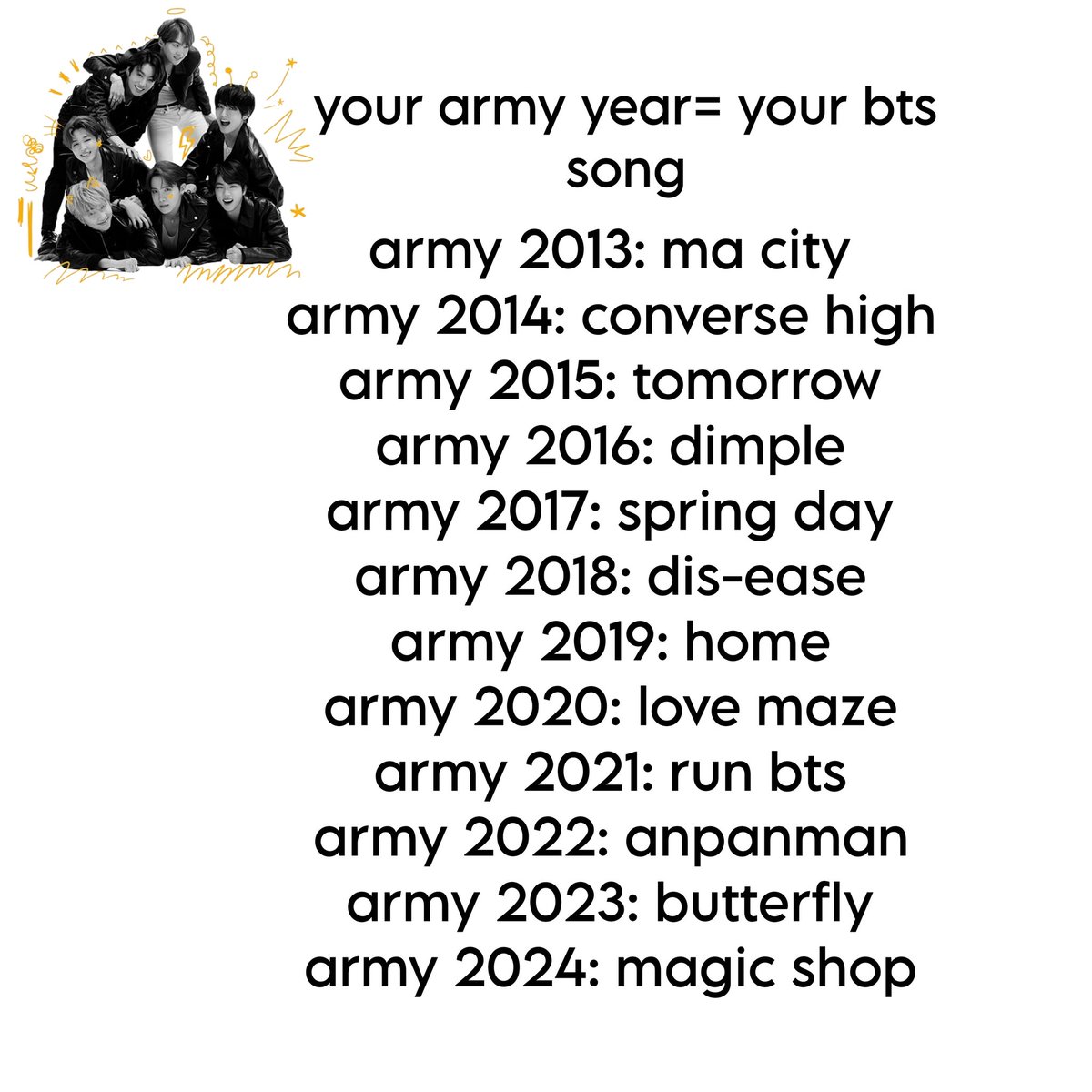 qual a sua música do bts, de acordo com o ano que vc entrou no fandom? 

me: home