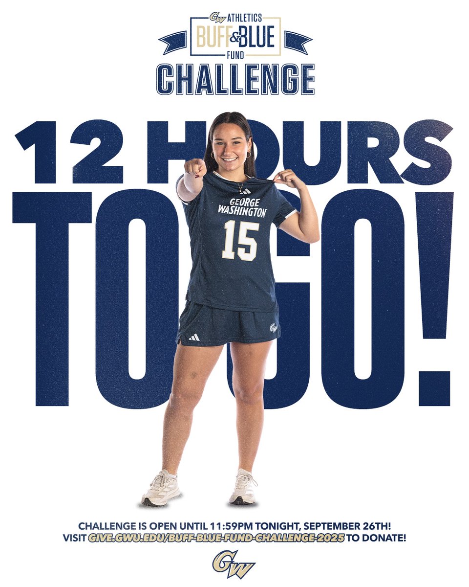 There are only 12 hours left in the Buff &amp; Blue Fund Challenge!

Donations stop being counted towards the challenge at 11:59PM TONIGHT and we still could use your help to take home an award!

Visit give.gwu.edu/buff-blue-fund… to donate!

#RAISEHIGH