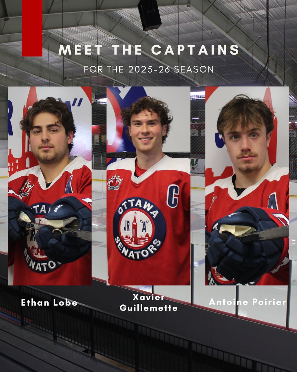 OttawaJrSens's tweet image. AYE AYE CAPTAIN!!! 🫡 

Nos Capitaines cette année / This year&apos;s #OJS Leadership Group:

C: Xavier Guillmette
A: Ethan Lobe
A: Antoine Poirier

#OurSensOurCity #Hockey #Ottawa #CCHL