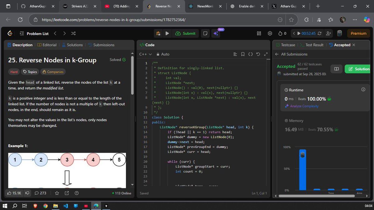 guptaAtharv07's tweet image. Day 17 of #100DaysOfCode ✅
One of those days where I didn’t feel like doing much. The entire day went into gathering material and starting prep for my midsem. Solved a Linked List question for revision and made some minor changes to my project while learning React.#LearnInPublic