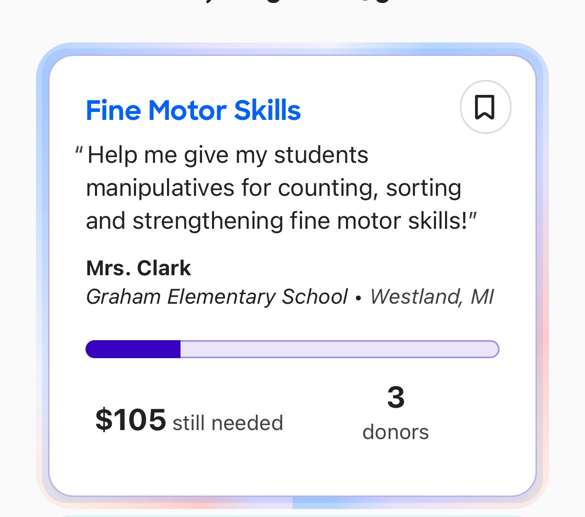 This project is down to $105! 

This could happen!!!! 

Help me give my students manipulatives  for counting, sorting and strengthening fine motor skills! secure.donorschoose.org/project/fine-m…
#DonorsChoose