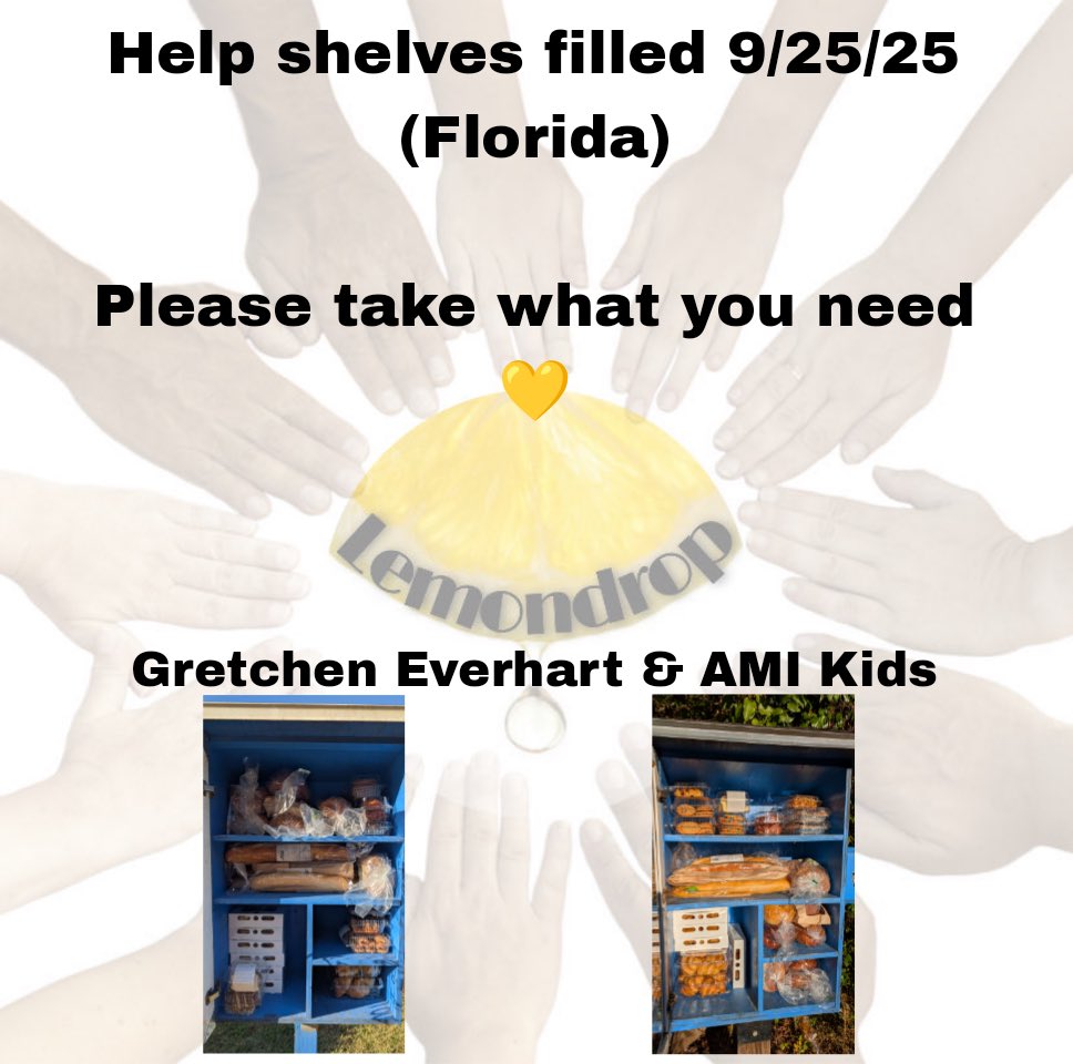 Lemondrop501c3's tweet image. These shelves were filled today 9/25/25 in our Tallahassee, Florida region ⬇️

🍋💧🍋💧🍋💧🍋💧🍋💧🍋💧🍋💧

Locations:

Gretchen Everhart School, 2750 Mission Road

AMI Kids, 2514 W Tharpe St

#helpshelf #lemondrop #communityoutreach #loveyourneighbor #volunteer #helpingpeople