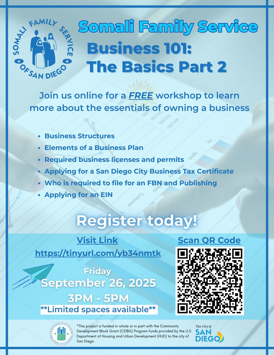 Somali Family Service invites you to join us September 26th, 3-5pm, for a FREE Business 101: The Basics Part 2 Workshop. You'll learn about business tax certificates, fictitious business names, elements of a business plan &amp; more! Register at tinyurl.com/yb34nmtk