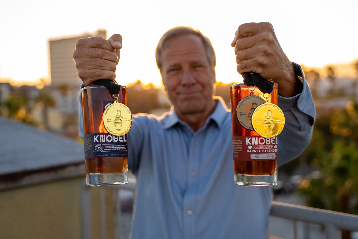 mikeroweworks's tweet image. Earlier this year, I was delighted to learn that my grandfather’s whiskey had won some very prestigious awards. It began with a Gold Medal from the 2025 Bartender Spirits Awards, for Knobel Tennessee Whiskey, (the original juice.) That was followed by another Gold Medal from the…