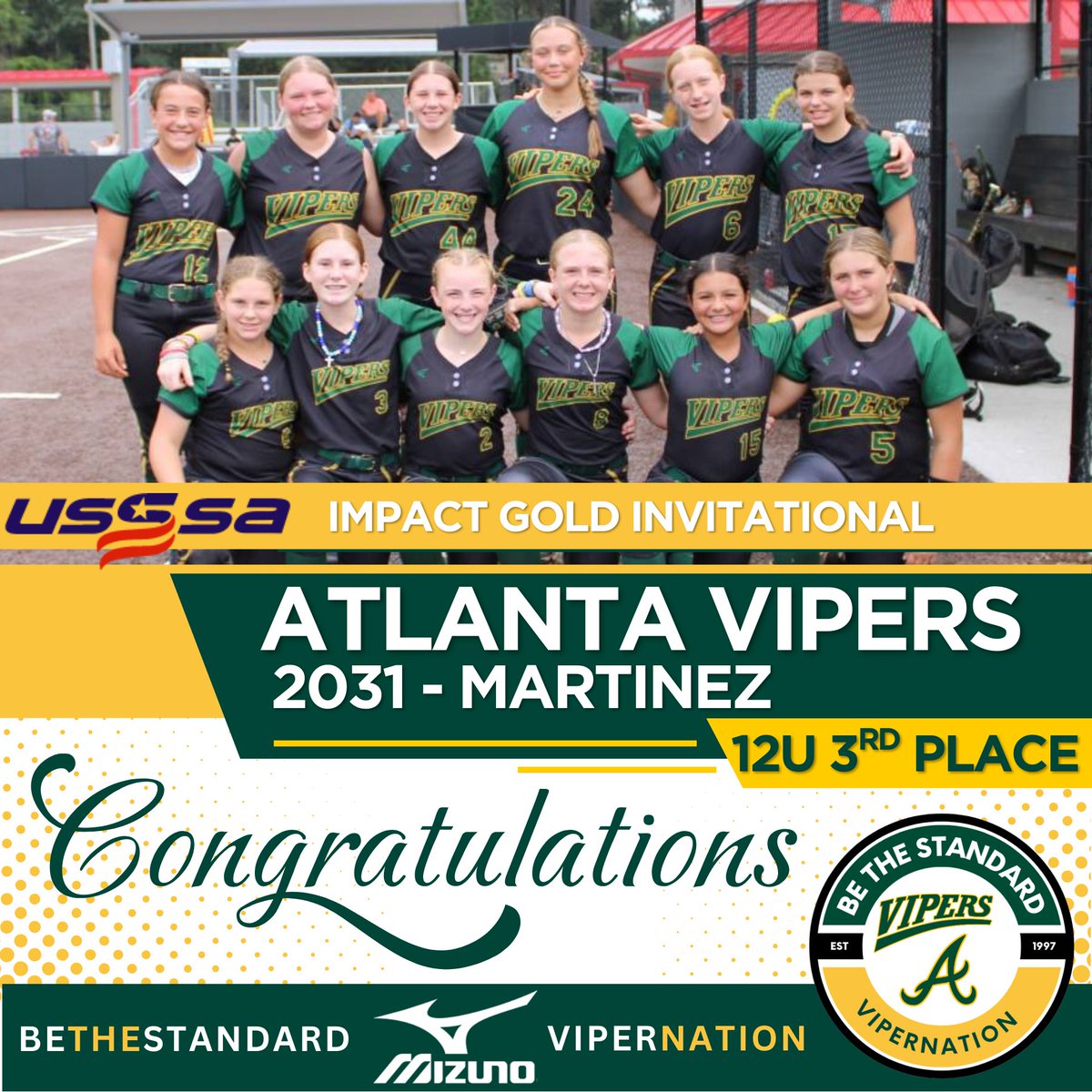 The Atlanta Vipers 2031-Martinez kicked off their fall season at the USSSA Impact Gold Invitational, coming out strong with a 3rd place finish after a tough one-run semifinal battle. A fierce start to fall season! Let’s go, Vipers! 
<a href="/MizunoFPitchNA/">Mizuno Fastpitch USA</a> <a href="/ExtraInningSB/">EXTRA INNING SOFTBALL</a> <a href="/LineDsoftball/">Line Drive Media</a>
