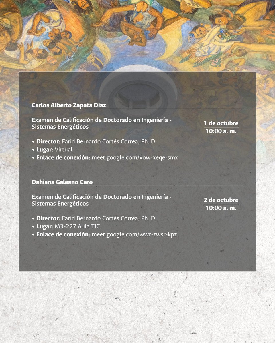 📣 Sustentaciones de tesis de posgrado🎯Del 29 de septiembre al 3 de octubre de 2025

🎓 Te invitamos a acompañar las presentaciones orales de nuestros estudiantes. ¡Una oportunidad para conocer las investigaciones y el talento de nuestra comunidad!

🔗
minas.medellin.unal.edu.co/vicedecanatura…
