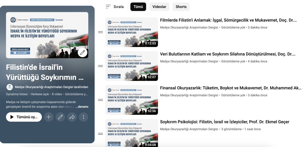 <a href="/ekmelgecer/">Ekmel Gecer اكمل</a> 9⃣Enformasyon Düzensizliğine Karşı Mukavemet ve #İsrail’in #Filistin’de Yürüttüğü #Soykırımın #Medya ve #İletişim Boyutları” temalı Medya Okuryazarlığı Atölyesi'nin 8 farklı oturumuna şu bağlantıdan erişilebilir:👇
▶️youtube.com/playlist?list=…