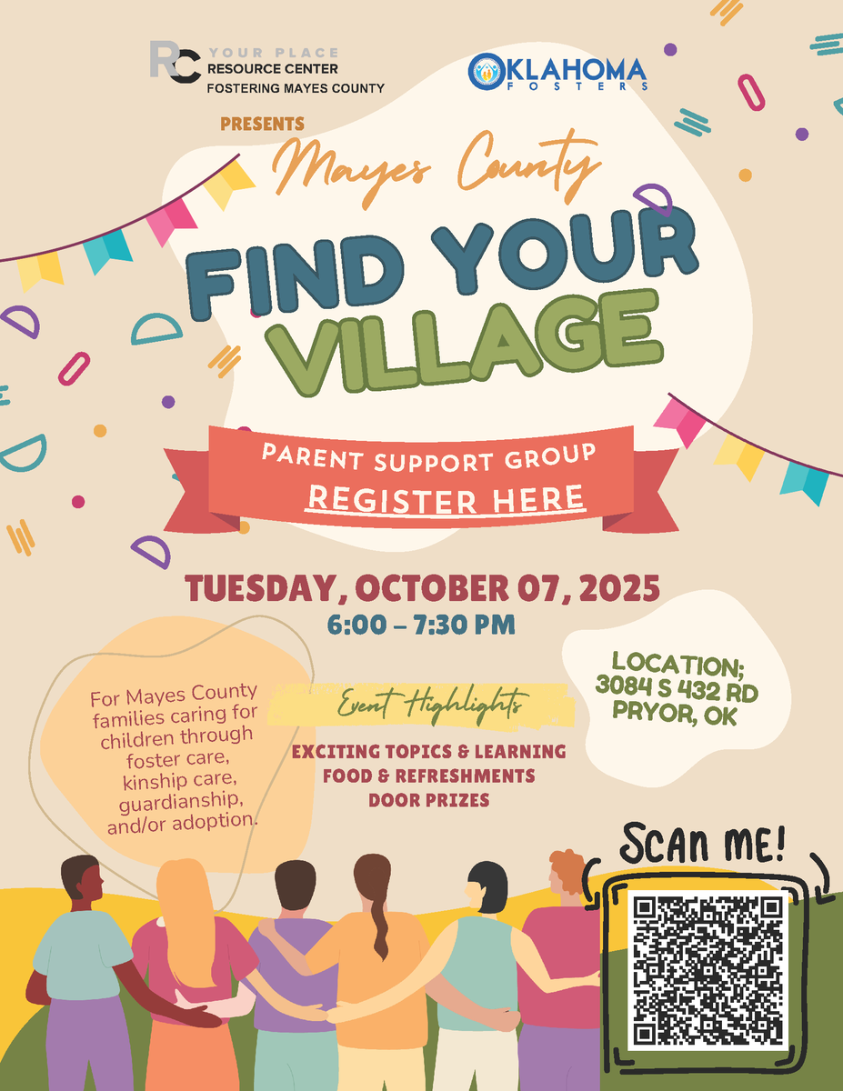 📣 Mayes County families caring for children through foster care, kinship care, guardianship or adoption - save the date for this upcoming support group meeting! Refreshments, childcare, and good times provided! 👨‍👩‍👦

REGISTER HERE: loom.ly/NIxKR1M

#OKFosters
