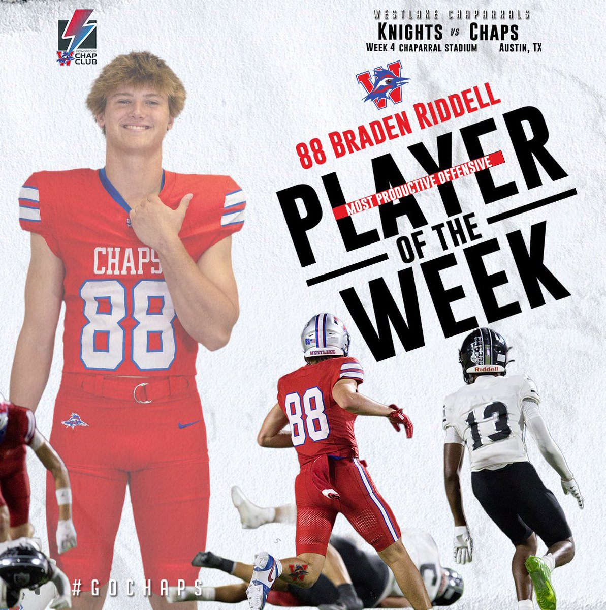 Braden Riddell hauled in five receptions for 109-yards and a touchdown in the 37-14 win over Steele. The junior earned the Most Productive Offensive Player of the Week. #GoChaps
