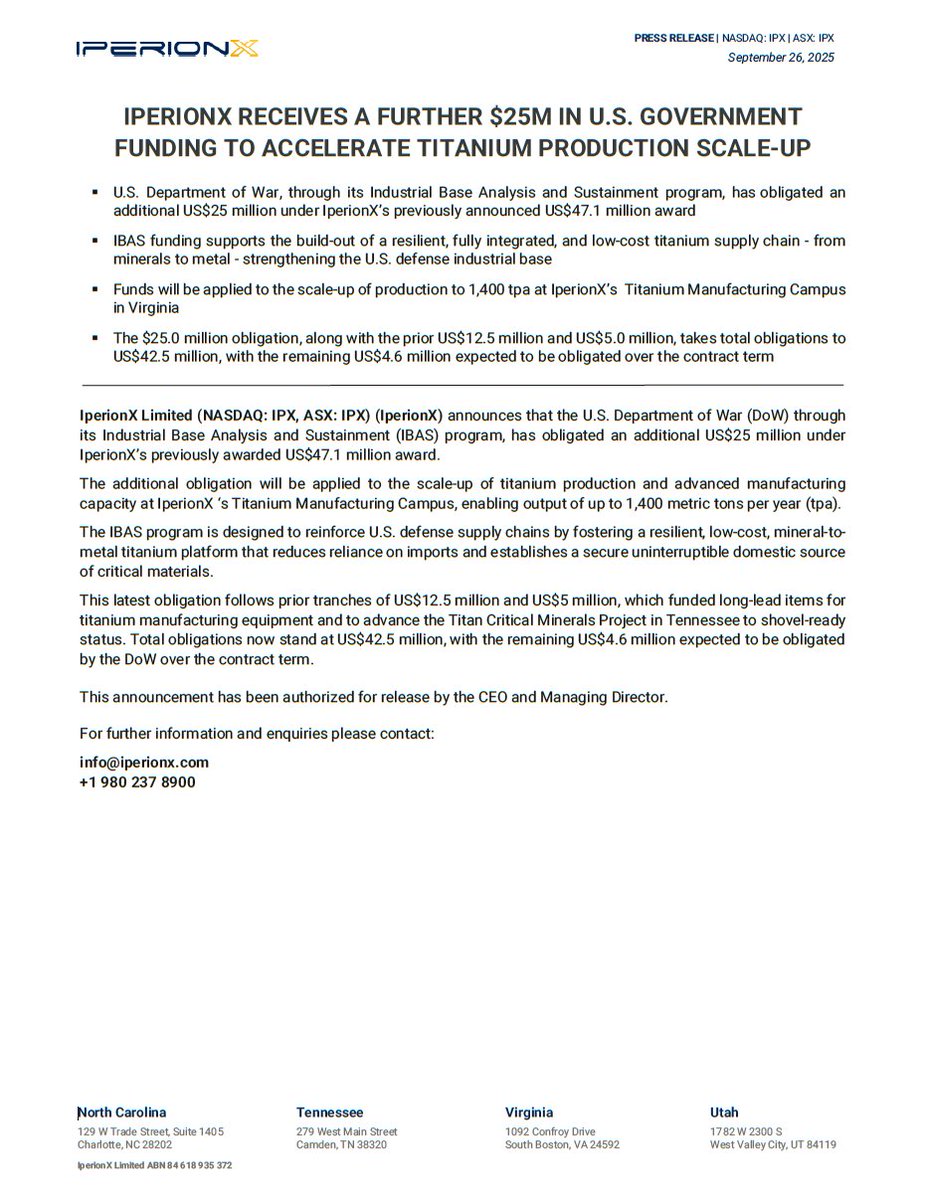 ▪ U.S. Department of War, through its Industrial Base Analysis and Sustainment program, has obligated an additional US$25 million under IperionX’s previously announced US$47.1 million award

▪ IBAS funding supports the build-out of a resilient, fully integrated, and low-cost