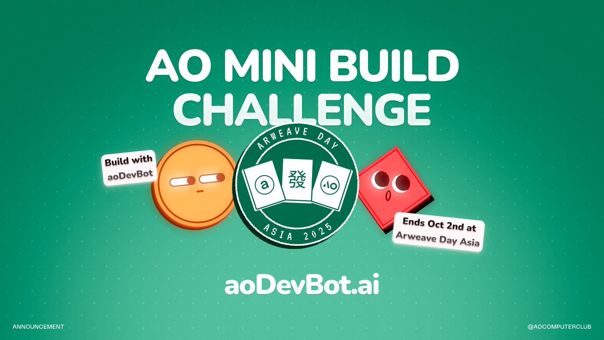 aoComputerClub's tweet image. To all of the creators and makers going to Singapore TOKEN 2049, this is for you. 

We're hosting the first AO Mini Build Challenge with $1,750 USD in prizes. 

Must be in attendance at Arweave Day Asia to win.