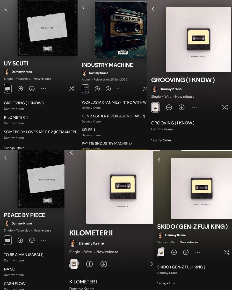 🚨DAMMY KRANE 
Industry Machine Album, Peace by Piece Ep, Grooving, Kilometer II, Uy Scuti Album, Skido 

OUT NOW