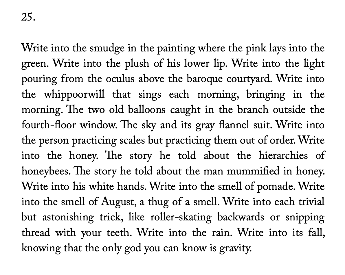 Write into the honey. 

...

Write into the rain. 

—Rick Barot