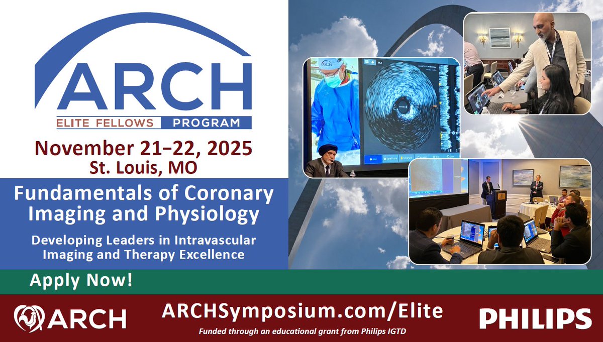 Attention Cardiology Fellows! 🫀

Join us at ARCH Elite to develop your skills utilizing coronary imaging and physiology for the treatment of patients with cardiovascular disease 🩺

Few scholarships remain - apply now! archsymposium.com/Elite/

#CardioTwitter #Fellows #Cardiology