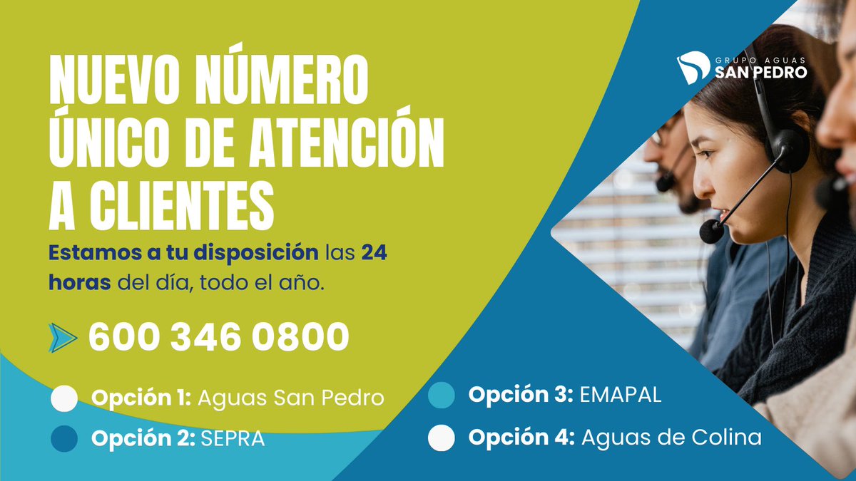 Contigo cuando lo necesites 📞💧

👉 Aguas San Pedro: Colina, Buin, Curicó, Chillán
San Pedro de la Paz, Coronel, Puerto Montt

👉 Sepra: Ciudad de los Valles, Pudahuel

👉 Emapal: Lomas de lo Aguirre, Pudahuel

👉 Aguas de Colina: Sector Santa Elena, Colina, Santiago