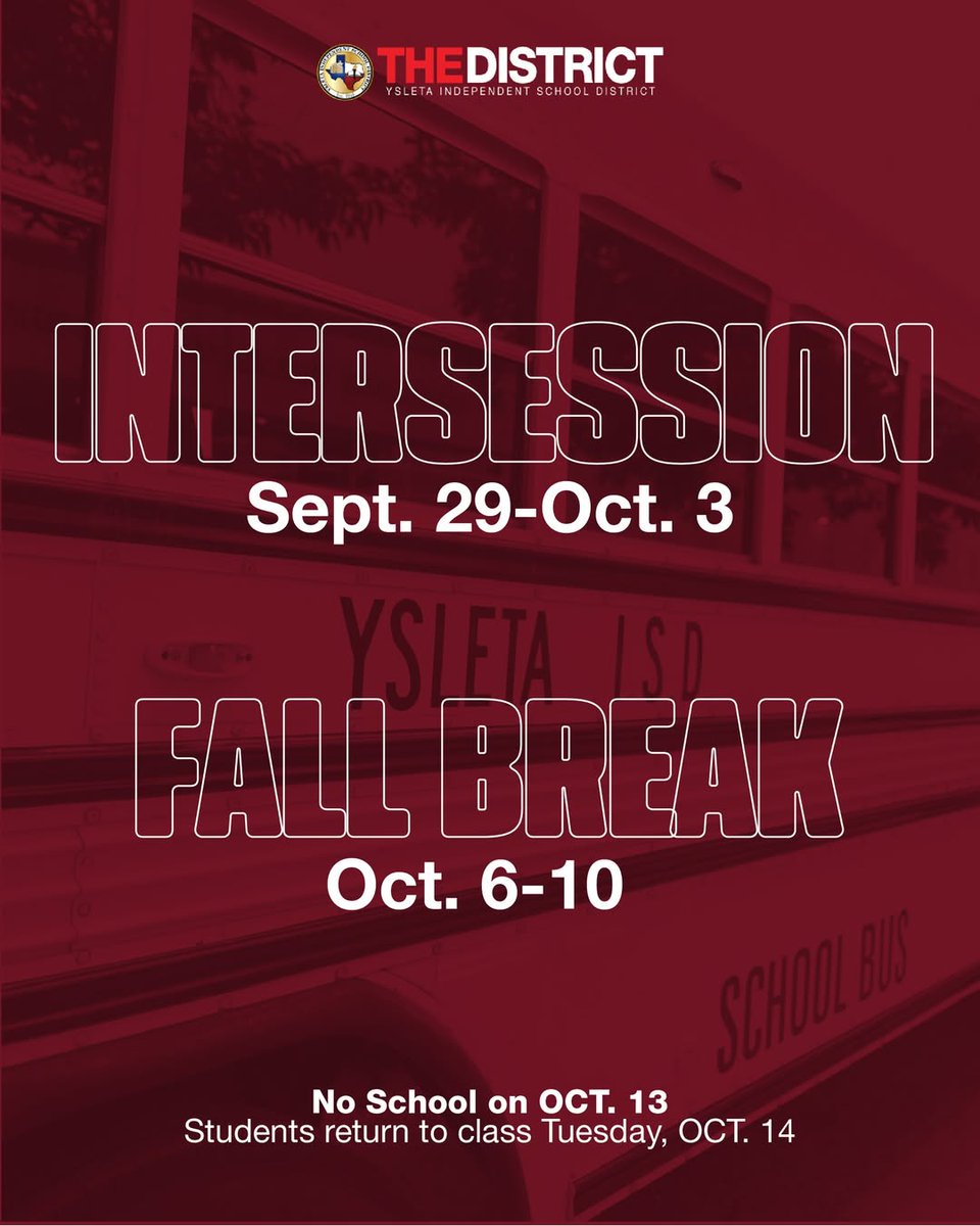 Time to hit pause… Intersession starts next week!
🗓️Sept. 29–Oct. 3 → Intersession
🍂Oct. 6–10 → Fall Break
🚫Oct. 13 → No School
📚Oct. 14 → Back to class
Take it easy, enjoy your days off, and come back refreshed and ready to rock! 📷