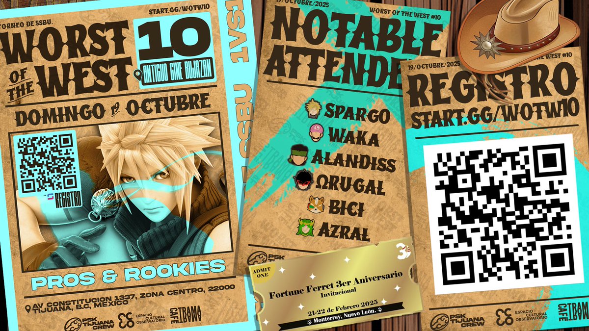 Worst of the West #10

Ft. Sparg0, WaKa, AlanDiss, Ázral, ΩRugal, BICI y muchos más.

📌 Antiguo Cine Bujazan
🗓️ 19/10/25

🌵 POT + 🎟️ TODO PAGADO para el FF en MTY
🌵 Somos el mensual más grande de BC
🌵 Todo Top32 Bo5
🌵 Jugadores de SoCal y todo BC.

🤠 start.gg/WOTW10