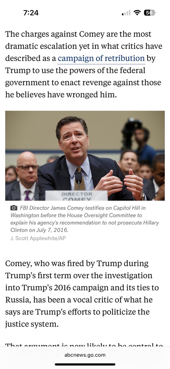 ABCNews Former FBI Director James Comey indicted days after Trump demanded his DOJ move 'now' to prosecute enemies
Prosecutors earlier said they couldn't establish probable cause.
