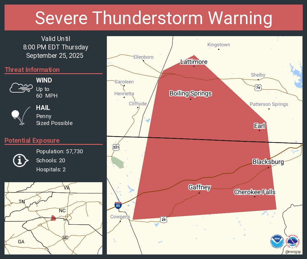 NWSGSP's tweet photo. Severe Thunderstorm Warning continues for Gaffney SC, Boiling Springs NC and  East Gaffney SC until 8:00 PM EDT https://t.co/qviUZShNQb