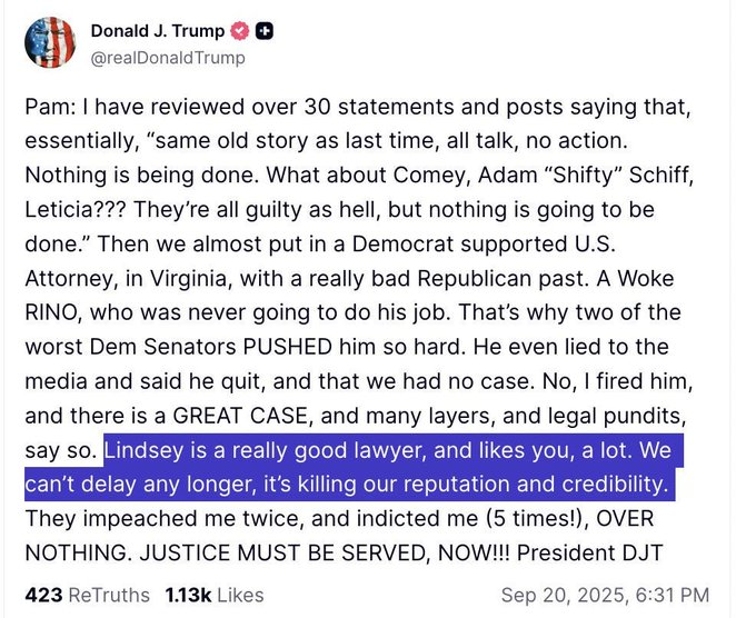 mmpadellan's tweet photo. TO BE CLEAR: THIS IS THE WEAPONIZATION OF JUSTICE THEY ACCUSED PRESIDENT BIDEN OF.

He bitched about prosecuting Comey 5 days ago, and there you have it. CROOKED AF. https://t.co/CpRano8AUw