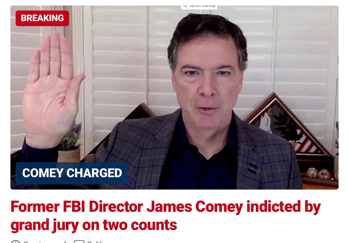 Phil Holloway ✈️ (@philhollowayesq) on Twitter photo 🚨COMEY INDICTED
“James Comey was indicted by a grand jury on two counts, alleged false statements within jurisdiction of the legislative branch and obstruction of a congressional proceeding”
The left will spin it as political 
But the investigation started under Biden 🚨COMEY INDICTED
“James Comey was indicted by a grand jury on two counts, alleged false statements within jurisdiction of the legislative branch and obstruction of a congressional proceeding”
The left will spin it as political 
But the investigation started under Biden