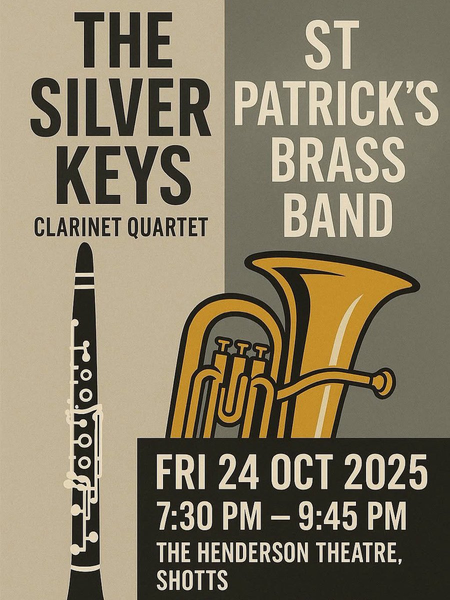 Back by popular demand next month the Silver Keys clarinet quartet and Shotts St Patrick’s Brass Band get tickets now at tickettailor.com/events/spotlig… or from Shotts Post Office.  #whatsonlanarkshire