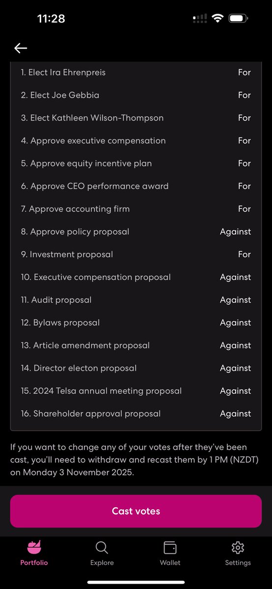 Sharesies voting now open in NZ, nice and easy as before, notified in the app and by email.  Just tick the boxes, and it’s easy to cancel if you want to change your votes before 3/11

<a href="/TeslaBoomerMama/">AleXandra Merz 🇺🇲</a>