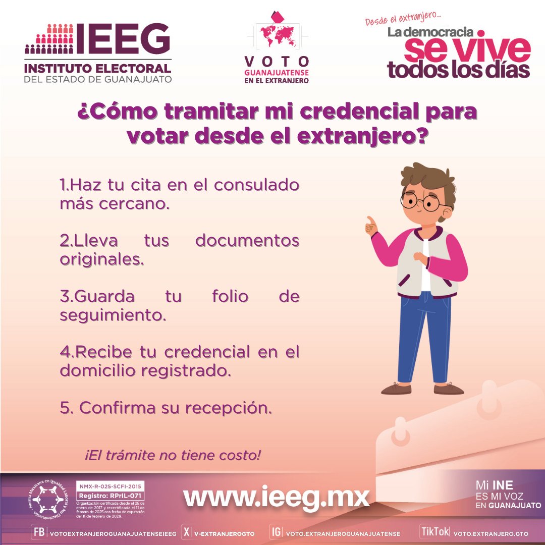 ¿Cómo tramitar mi credencial para votar desde el extranjero? 🌎
💡 ¡El trámite no tiene costo!
🔗 Más información en: votoextranjero.mx
#MigraciónGuanajuato #MexicanosEnElExtranjero #VotoExtranjero
