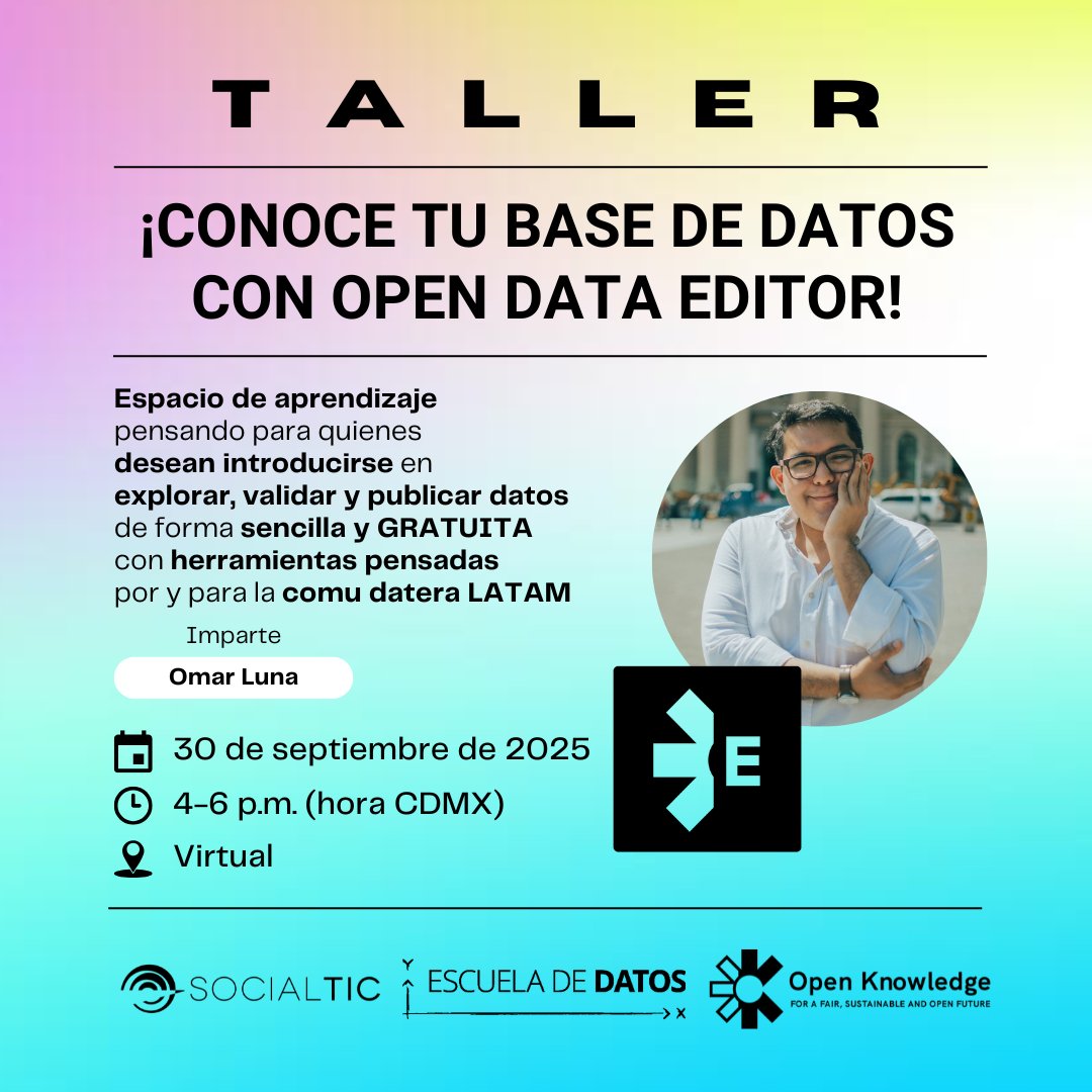 EscuelaDeDatos's tweet image. #LATAM |
👩🏽💻🔢 ¿Quieres impulsar tus causas conociendo mejor tu base de datos?
😊🫰📈 Junto a @SocialTIC + @OKFN, te invitamos a...
📊 Un taller GRATUITO de #OpenDataEditor, impartido con mucho #datalove por @gomaxxx 📊
📋 Inscríbete (CUPO LIMITADO) ➡️ bit.ly/T0P3ND4744D1T0R