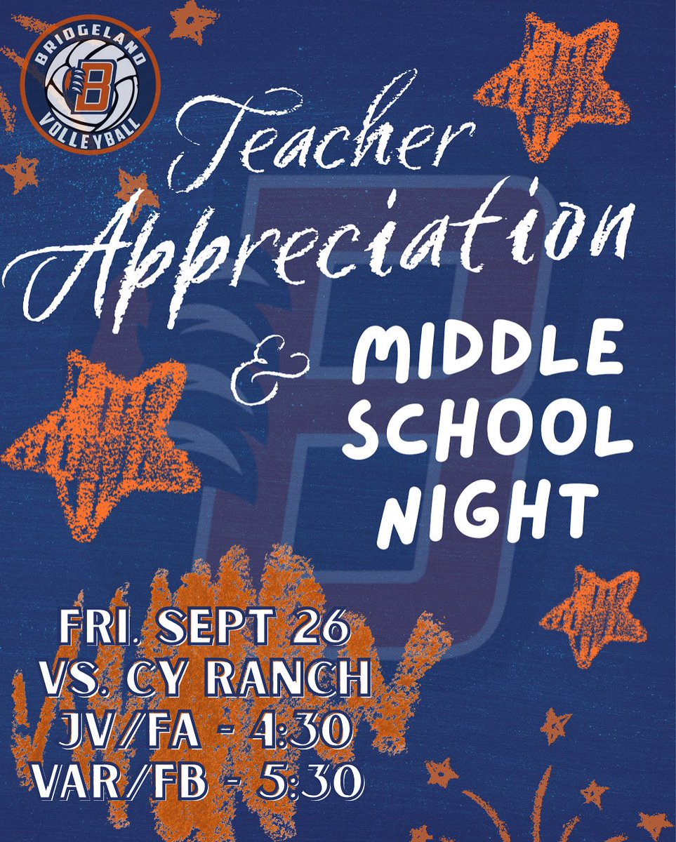 YOU’RE INVITED! We would love to celebrate ALL of the amazing staff that makes Bridgeland so very special and we welcome all of the future Bears at the game TOMORROW vs. Cy Ranch! We hope to see you there to cheer on our Bridgeland Volleyball program!! 🤩🧡