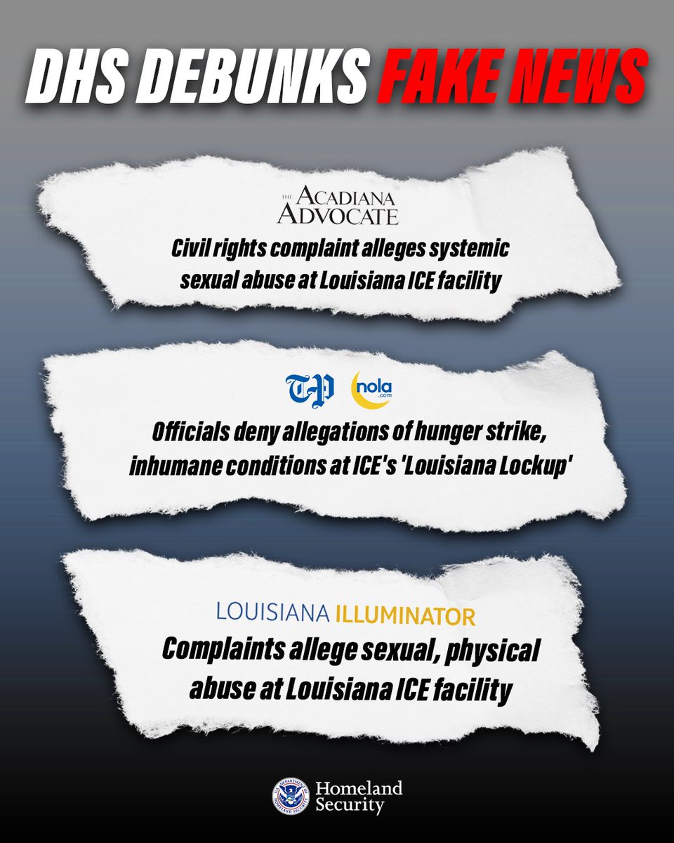 Homeland Security (@dhsgov) on Twitter photo The fake news media continues to peddle dangerous LIES about <a href="/ICEgov/">U.S. Immigration and Customs Enforcement</a> detention centersโincluding Louisiana Lockup. 
Here are the FACTS:
Any claim there are โinhumaneโ conditions at ICE detention centers are FALSE. 
All detainees are provided with proper meals, medical The fake news media continues to peddle dangerous LIES about <a href="/ICEgov/">U.S. Immigration and Customs Enforcement</a> detention centersโincluding Louisiana Lockup. 
Here are the FACTS:
Any claim there are โinhumaneโ conditions at ICE detention centers are FALSE. 
All detainees are provided with proper meals, medical