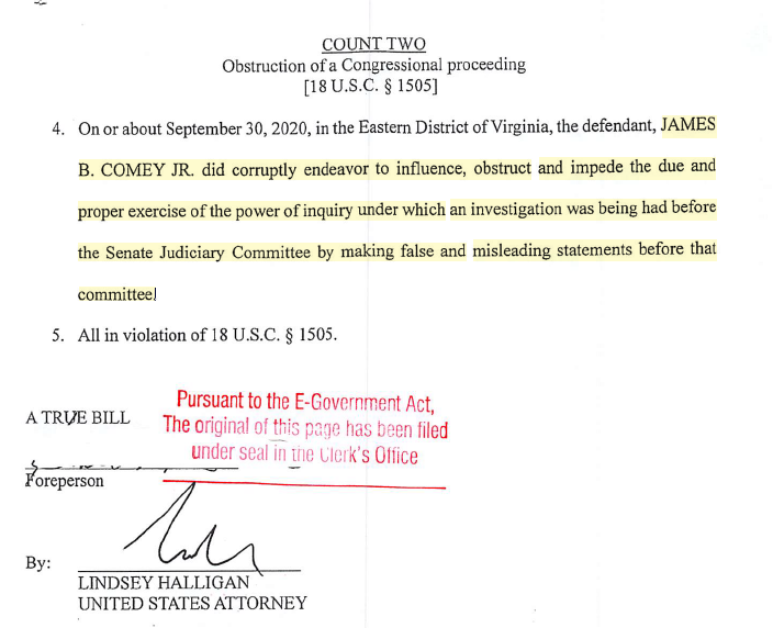 From the Comey indictment - 

Count 1: False statement to the US Senate that he had not "authorized someone else at the FBI to be an anonymous" news source.

Count 2: Comey obstructed the Senate Judiciary Committee's investigation through his "false an misleading statements"