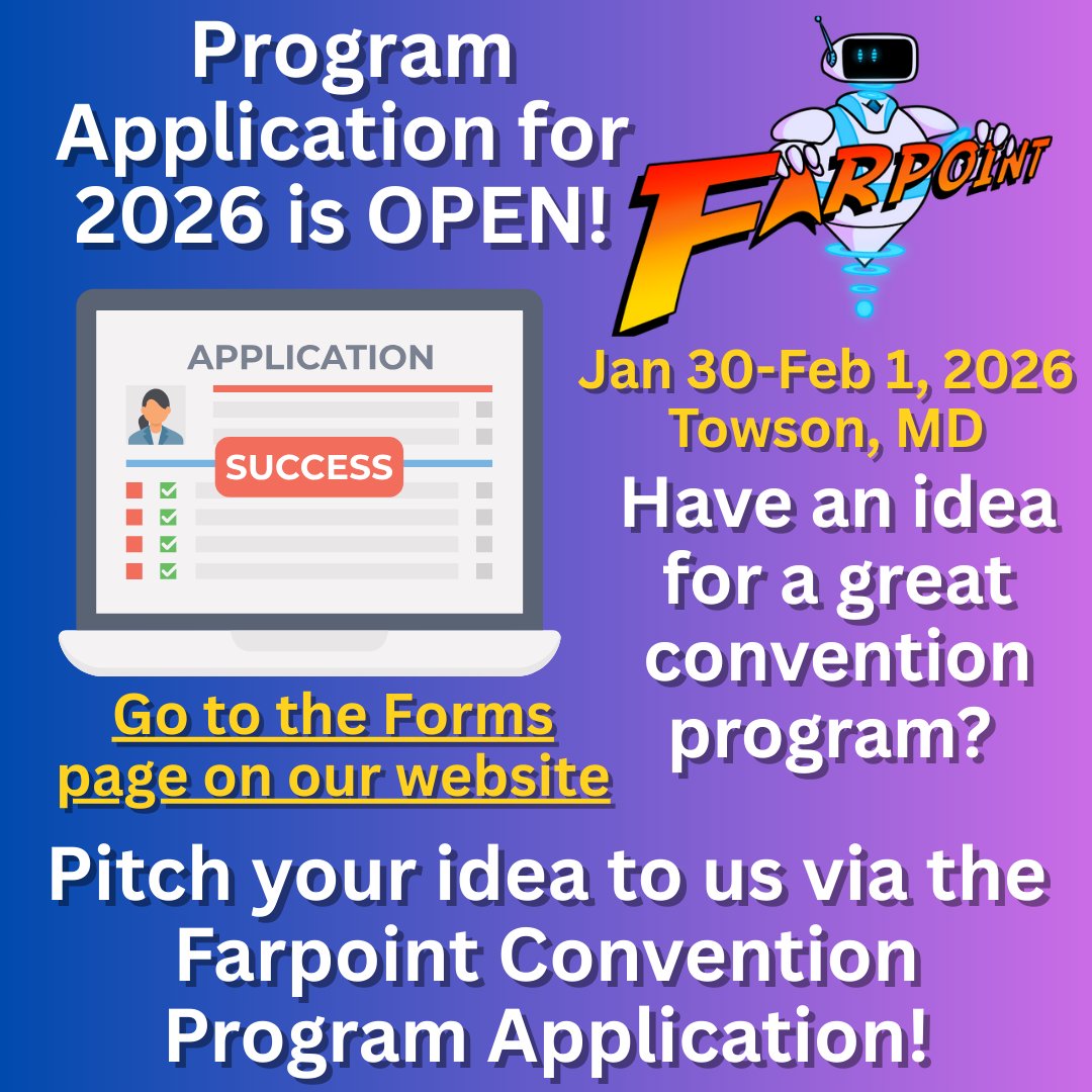 The Farpoint Convention Program Application is open! Pitch us ideas for a panel or presentation using this form. Applications close 11/22/25 farpointcon.com/flier/forms/
#panels #farpointconvention #farpointcon #supportlocalconventions #farpointfoundation #501c3 #nonprofitorganization