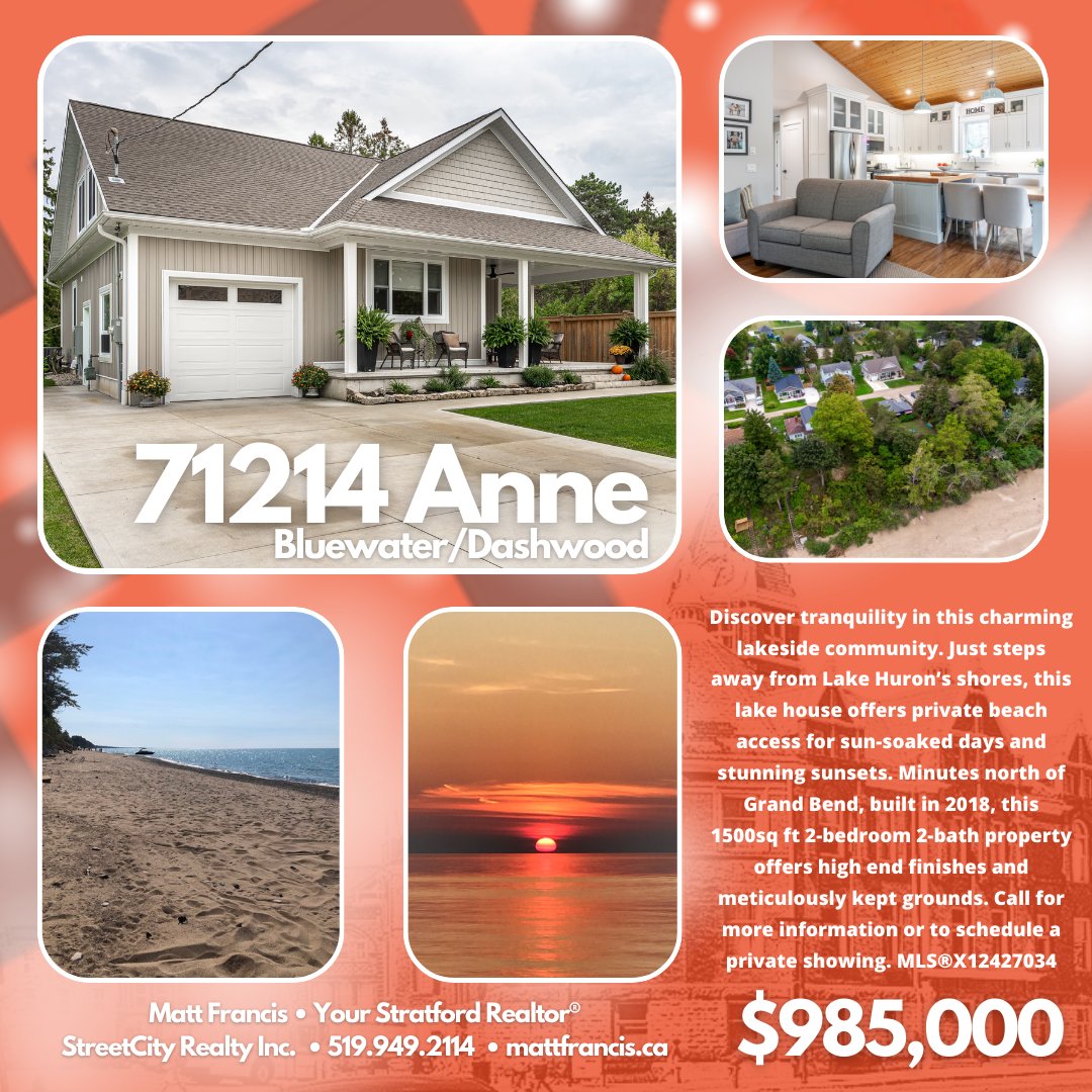 MattFrancisSC's tweet image. New Listing!

71214 Anne St. • Dashwood, On  MLS®X12427034 • $985,000

mattfrancis.ca/mylistings.htm…

#StratfordRealEstate #YourStratfordRealtor #StratfordON #StreetCityRealty #StreetCityStratford #REALTOR #ForSale