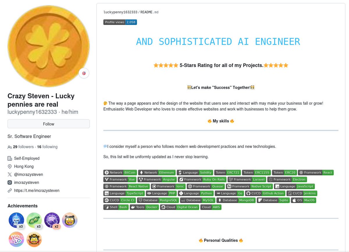 KawaiiJongUwUn's tweet image. After nuking all of his accounts since @browsercookies and I last looked at him, &quot;Steven Leal&quot; has been hard at work as &quot;Crazy Steven&quot;. 🇰🇵 He was kind enough to keep the luckypenny1632333 while he pivoted from shitty crypto grifter to shitty AI grifter.