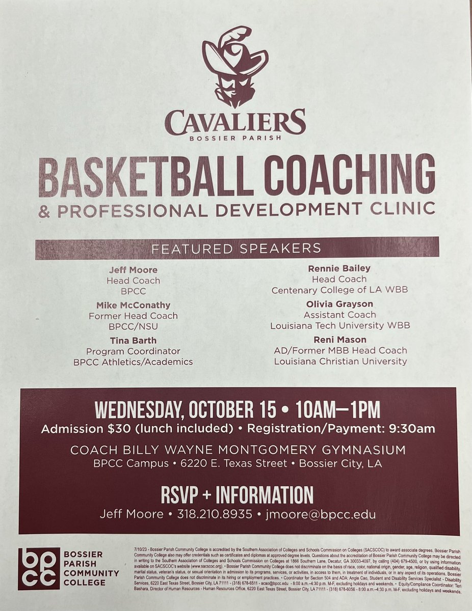 Come join us at our Basketball Coaching &amp; Professional Development Clinic on Wednesday, October 15! Great group of men’s and women’s coaches will be speaking as we all gear up for basketball season!