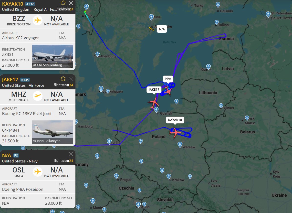 A busy night for NATO forces over eastern Europe. In the Baltic, a pair of US surveillance aircraft, a USN P-8 Poseidon and a USAF RC-135 Rivet Joint, are prowling the area.

Over Poland, an RAF Voyager is supporting Typhoon fighters operating as part of Operation EASTERN SENTRY.