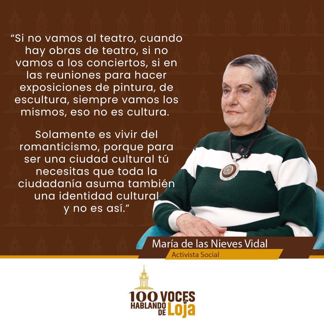 100VocesLoja's tweet image. 🗣️ La activista María de las Nieves Vidal, explica sin rodeos: para que una ciudad sea cultural, se necesita que toda la ciudadanía participe y asuma esa identidad. 

📌Mira la entrevista completa en👇
youtu.be/jUet4JQcnPs?si…

#Cultura #IdentidadCultural #Loja #CiudadCultural
