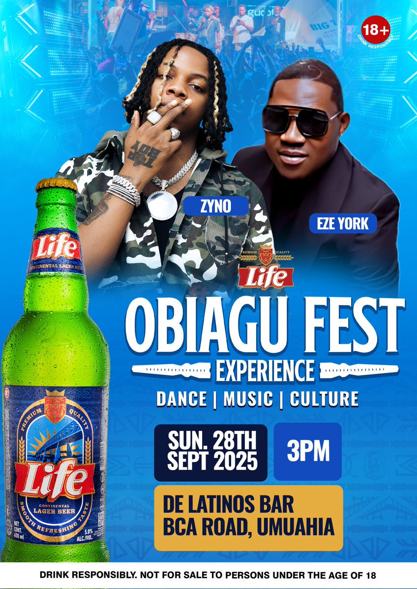 favogbuji's tweet image. Can you feel the vibe already? Obiagu Festival will shake Umuahia 

@Zynotopboy
And Eze York will be thrilling the geust 

📍 De Latinos, Sunday, 28th Sept, 5PM.

 Powered by Life Lager with massive giveaways. 

#LifeObiaguFestUmuahia