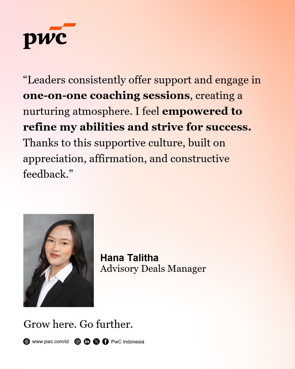 At PwC, our strong coaching culture creates a supportive environment that inspires growth and continuous improvement. Join us on this exciting journey!🌟​

Explore opportunities at pwc.com/id/careers​ 🌍✨​

​#PwCIndonesia #PeopleStory #CommittingToGrowth
#GrowHereGoFurther