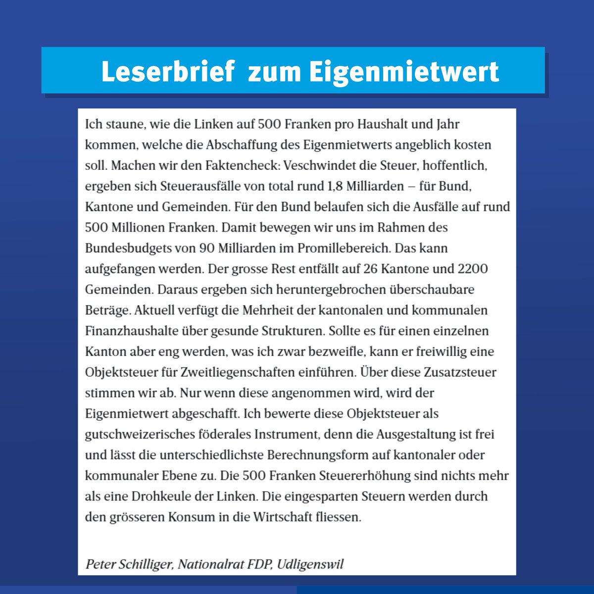🗳️ JA zur Abschaffung des Eigenmietwerts!

📢 Jetzt noch abstimmen! Am 28. September ist Abstimmungssonntag.

Die angeblichen 500 Franken Mehrbelastung pro Haushalt, welche die Gegner votieren, sind eine reine Drohkulisse.

#Eigenmietwert #Steuergerechtigkeit #JazufairenSteuern