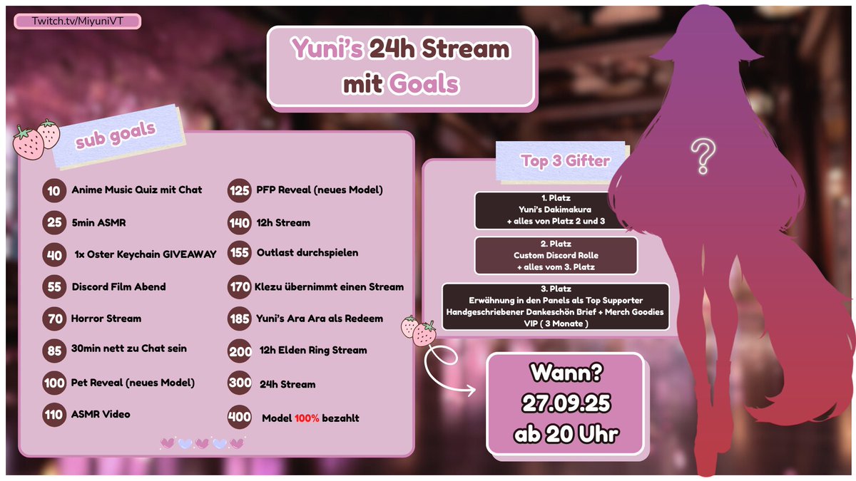 [ EINLADUNG ] 💌
Am 27.09. um 20 Uhr startet mein erster 24h Stream. 💜

Viele coole Spiele sowie Nervenzusammenbrüche erwarten euch. 
Außerdem gibt es Goals, kleine Goodies sowie Stinky Beans für mich. 

Würde mich also freuen euch zu sehen! ˶˃ ᵕ ˂˶
🔴twitch.tv/Miyunivt