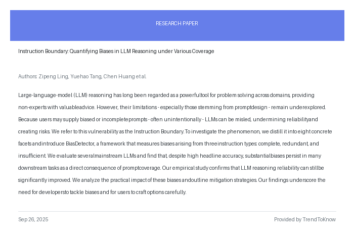 aitrendings's tweet image. Instruction Boundary: Quantifying Biases in LLM Reasoning under Various Coverage

👥 Zipeng Ling, Yuehao Tang, Chen Huang et al.

#AIResearch #LLM #BiasDetection #PromptEngineering #MachineLearning

🔗 trendtoknow.ai