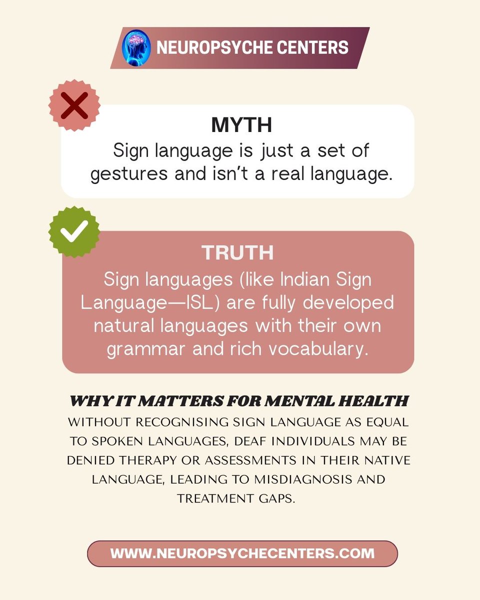 neuropsyche01's tweet image. Myths vs. Facts: Sign Language
#SignLanguageAwareness #MythVsFact #NeuropsycheCenters #InclusiveCommunication #MentalHealthMatters #BreakTheStigma #DrBhagwatRajput