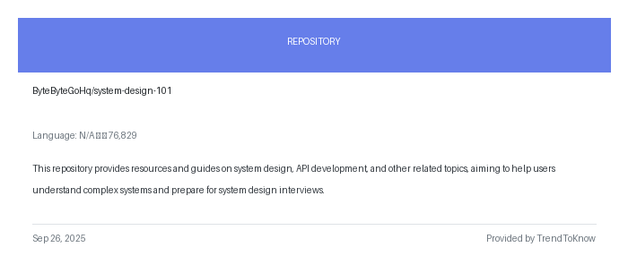 aitrendings's tweet image. ByteByteGoHq/system-design-101
💻 N/A
#SystemDesign #APIDevelopment #OpenSource #TechInterviews #SoftwareEngineering
🔗 trendtoknow.ai