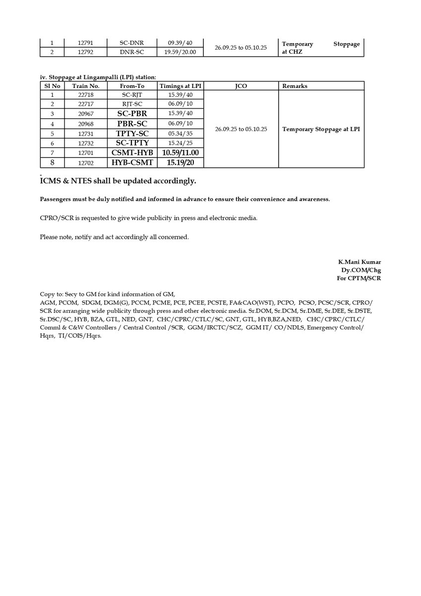 drmsecunderabad's tweet image. REVISED-Temporary stoppage of trains at Hi-Tech city (HTCY), Lingampalli (LPI) &amp;amp; Charlapalli (CHZ) stations during #Dusshera Festive season.
@SrDCMSC @SCRailwayIndia
