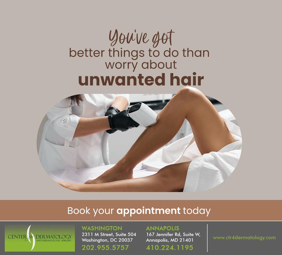 Leave the hair removal to us and prepare to feel your best. Laser hair removal can give you more time for the things you love to do. Book an appointment at ctr4dermatology.com #hairremoval #silkysmoothskin #hairfree #washington #DC #centerfordermatology